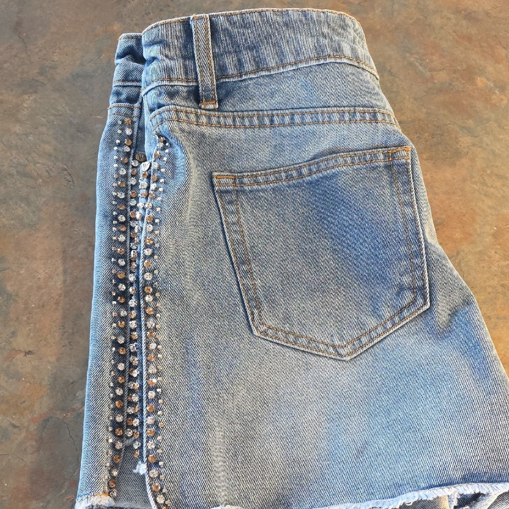 VENUS Light Blue Denim Jean Shorts with Rhinestone Side Trim